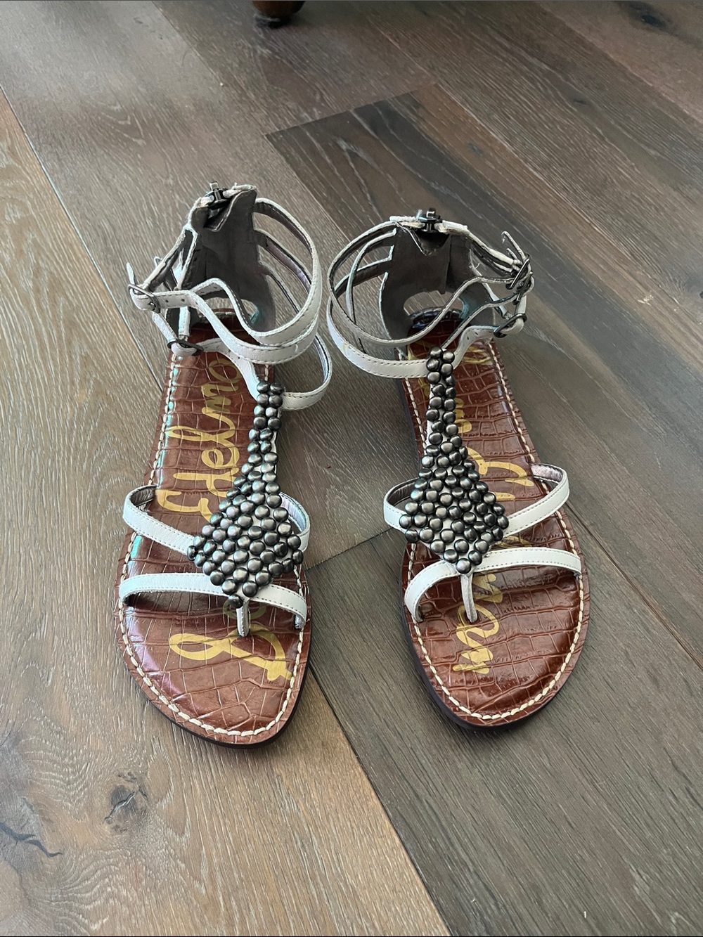 Sam Edelman White Beaded T-Strap Sandals
